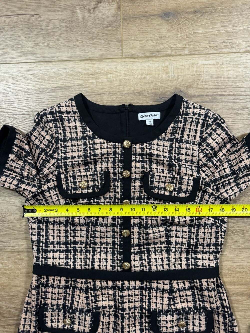 Shelby & Palmer Pink Black Plaid Tweed Sheath Dress Gold Button Trim Size 12 - Picture 11 of 16